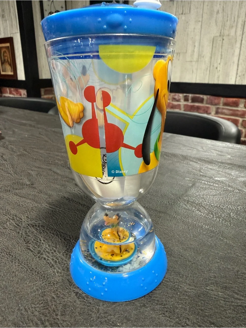 Vintage Disney Pluto Blue & Yellow Plastic Kids Party Cup with Lid and Straw
